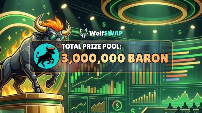A WolfSwap promotional graphic showing a prize pool of 3,000,000 BARON tokens, featuring a bull statue and trading charts.