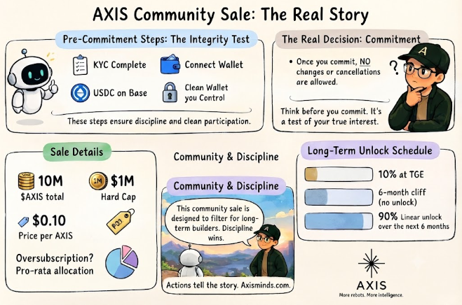 An infographic titled 'AXIS Community Sale: The Real Story' detailing pre-commitment steps (KYC, Connect Wallet, USDC on Base, Clean Wallet), sale details ($10M total, $1M Hard Cap, $0.10 per AXIS), and a long-term unlock schedule (10% at TGE, 6-month cliff, 90% linear unlock over 6 months) for the AXIS token.