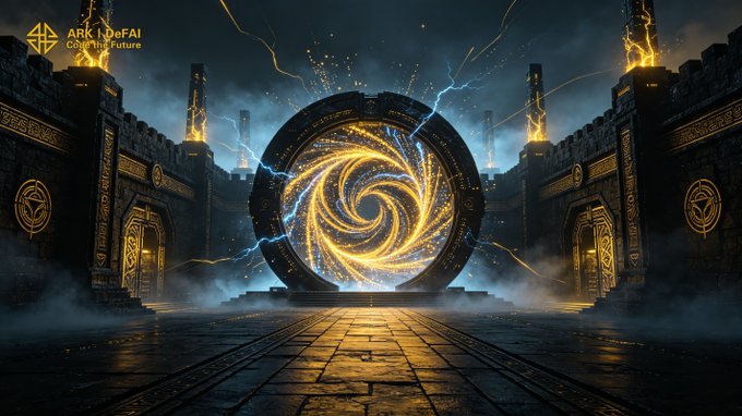 A glowing golden portal with a swirling cosmic design stands within an ancient stone gateway, channeling electric arcs of light between towering pillars adorned with "ARK | DeFAI" emblems.

The image visually represents the post's metaphor of a "new gateway opening," with the illuminated portal symbolizing the Arkie AI App's role in opening users up to AI Agents that enhance thinking, execution, and connectivity within the ARK ecosystem.