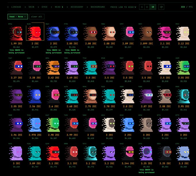 A cryptocurrency NFT marketplace interface showing a grid of pixel-art character head icons with prices listed in ZEC and USD, with tabs for LINEAGE, SKIN, EYES, HEAD 1, ACCESSORY, and BACKGROUND.
