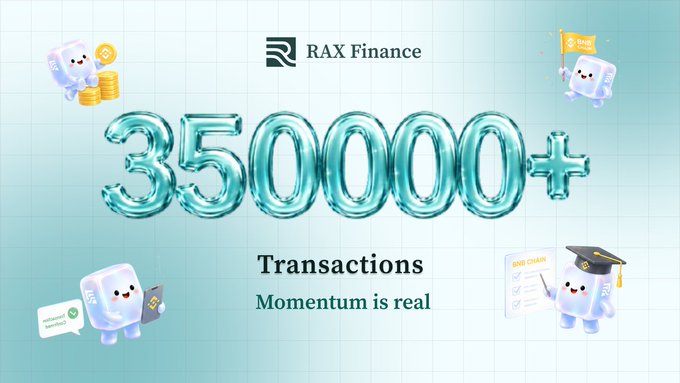 RAX Finance celebratory graphic featuring the number '350000+' in bubble letters with 'Transactions Momentum is real' and cute mascot characters.