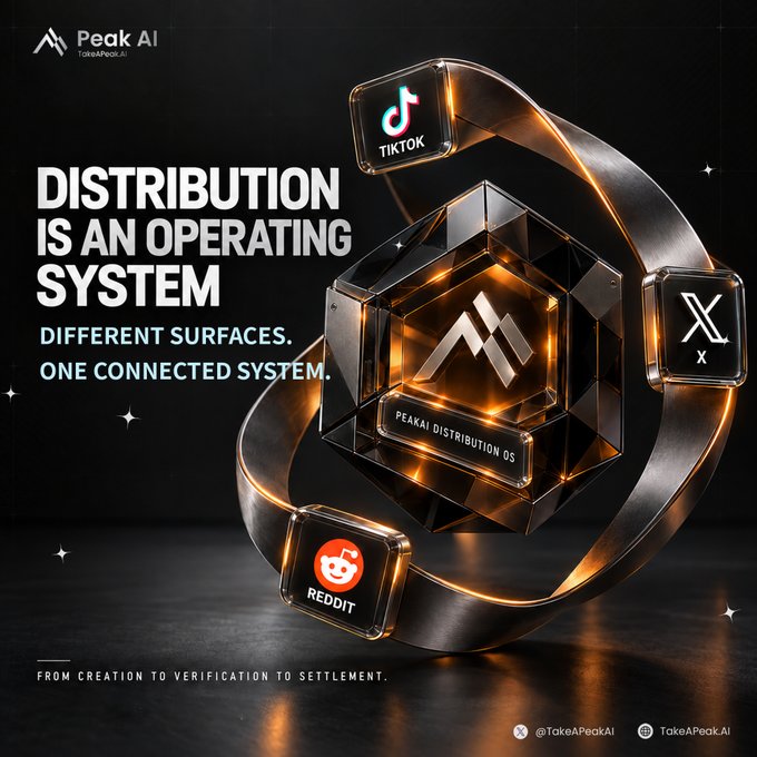 A promotional graphic for PeakAI features a glowing, metallic hexagonal "PeakAI Distribution OS" core orbited by TikTok, X, and Reddit platform icons, with bold text declaring "DISTRIBUTION IS AN OPERATING SYSTEM — DIFFERENT SURFACES. ONE CONNECTED SYSTEM." The visual reinforces the accompanying post's message by illustrating how multiple social platforms function as interconnected nodes within a single, unified distribution system.