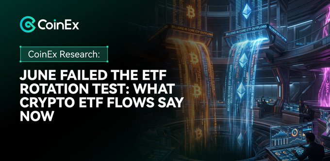 CoinEx Research article header titled 'JUNE FAILED THE ETF ROTATION TEST: WHAT CRYPTO ETF FLOWS SAY NOW' with the CoinEx logo and a futuristic crypto trading scene.