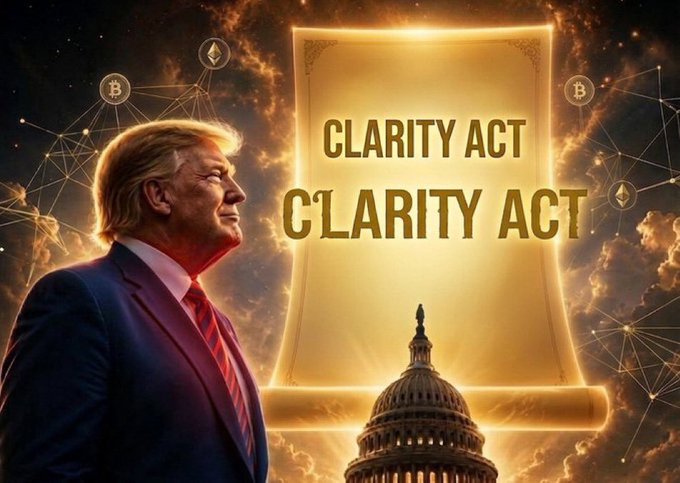 A stylized illustration features Donald Trump looking toward a glowing scroll labeled "CLARITY ACT" alongside the U.S. Capitol dome and cryptocurrency symbols, visually reinforcing the announcement that the Committee is fast-tracking the CLARITY Act markup this August to position the U.S. as the global crypto capital.