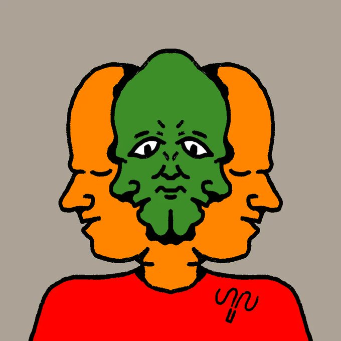 A stylized illustration of a creature with three faces, featuring a central green face flanked by two orange profiles, wearing a red shirt against a gray background.