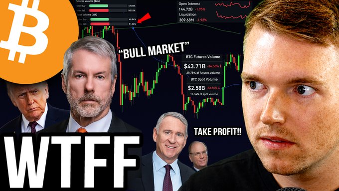 YouTube thumbnail featuring a man's face alongside images of Donald Trump, Michael Saylor, and other figures, with a Bitcoin price chart showing a drop to $43.71B volume and "BULL MARKET" text, promoting a video about the "BLACK MONDAY" Bitcoin liquidation event.