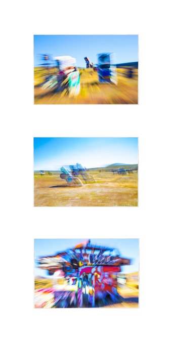 A vertical triptych showing three heavily motion-blurred photographs of outdoor scenes, including what appears to be a colorful dinosaur-shaped sculpture or sign in a grassy field.
