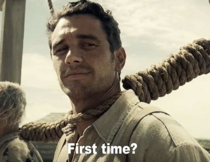 A man with a noose around his neck is shown above the caption "First time?" — humorously comparing the intimidating "hangman's noose" experience to how newcomers might feel watching the crypto-to-AI market shift, with the teasing implication that investors are facing familiar, high-stakes uncertainty all over again.