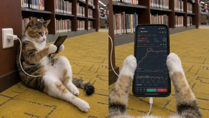 A calico cat sits in a library leaning against a wall outlet, charging a smartphone that displays a trading chart with the ticker "BTC/USDT" showing a price of 77,100.77 and the contract address "0x241680...27777" from the post, humorously suggesting the cat is the "BSC mobile cat" managing crypto trades.