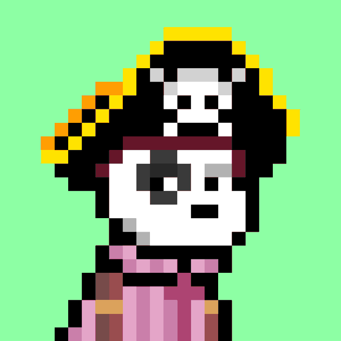 An 8-bit pixel art rendering of a character with black hair, a white face, and a pink outfit with a red headband, set against a solid green background.