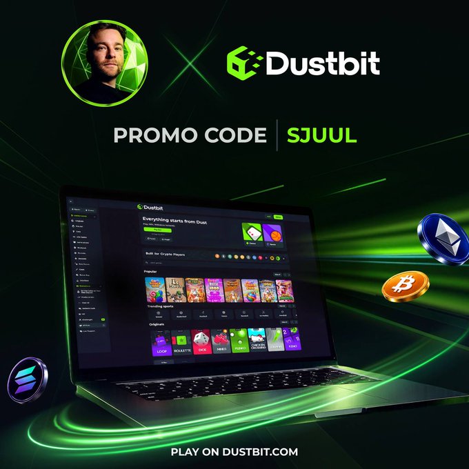 A promotional graphic for Dustbit featuring a man's profile avatar alongside the Dustbit logo, displaying the promo code "SJUUL" and showing a laptop with the Dustbit casino interface surrounded by floating Ethereum, Bitcoin, and Solana coins, with "PLAY ON DUSTBIT.COM" at the bottom—visually reinforcing the post's message about joining the crypto-friendly gambling platform with the featured sign-up code.