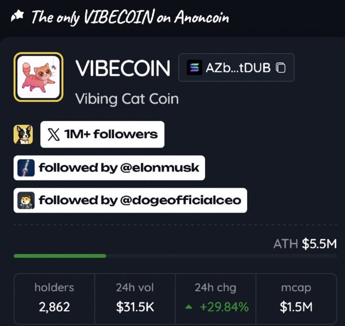 A crypto token page for 'VIBECOIN' (Vibing Cat Coin) on Anoncoin, showing 1M+ followers, followed by @elonmusk and @dogeofficialceo, with 2,862 holders, $31.5K 24h volume, +29.84% change, $1.5M market cap, and $5.5M ATH.