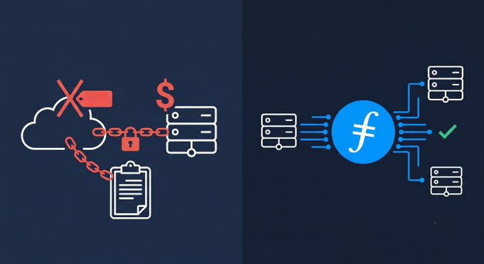 The image is a split-panel illustration contrasting cloud provider lock-in (left) with Filecoin's freedom (right). The left side shows a cloud with a red "X" and price tag, chained to a server with a dollar sign, padlock, and contract—symbolizing costly, restrictive egress. The right side depicts Filecoin's "ƒ" logo distributing data freely to multiple servers with a checkmark, visually reinforcing the message that Filecoin charges zero egress with no exit requirements, unlike AWS and Azure.
