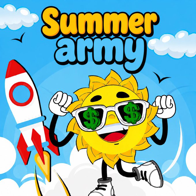 A cartoon sun character wearing sunglasses and glasses with dollar signs printed on them, and a rocket ship behind him, saying Summer Army.