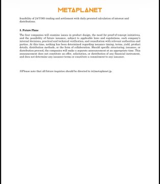This document from Metaplanet outlines future plans for a joint study on Bitcoin-backed digital credit instruments, referencing "24/7 trading and settlement with daily interest accrual." The image directly supports the accompanying post by showcasing the Metaplanet brand and detailing the scope of the research.