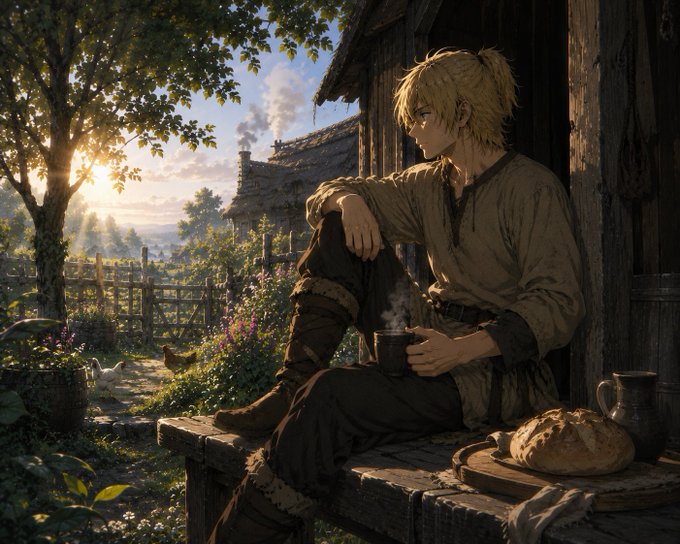 An anime-style illustration of a blonde man in rustic peasant clothing sitting on a wooden porch, holding a steaming cup with bread and a pitcher beside him, with chickens and a sunlit cottage in the background.
