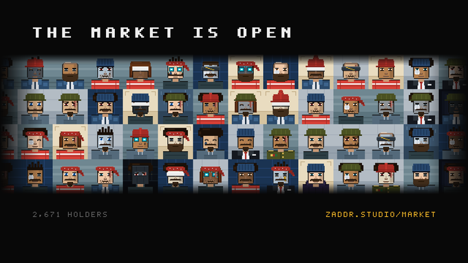 The image displays a grid of pixelated character portraits beneath the text "THE MARKET IS OPEN," with a counter showing "2,671 HOLDERS" and the website "zaddr.studio/market." The retro, 8-bit style character heads visually reinforce the promotional message that the crypto/NFT marketplace is now live, showcasing the variety of collectible profiles available.