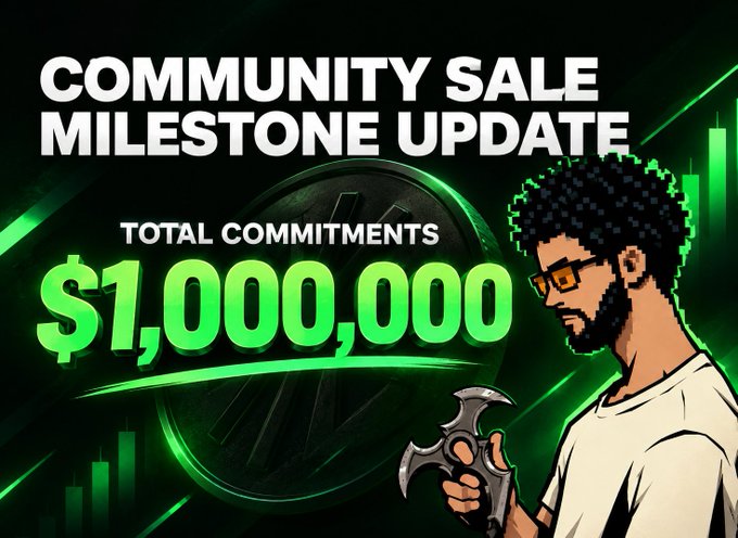 Promotional graphic titled 'COMMUNITY SALE MILESTONE UPDATE' showing 'TOTAL COMMITMENTS $1,000,000' in green text. Features an illustrated character with curly hair, sunglasses, and a white shirt holding a shuriken.