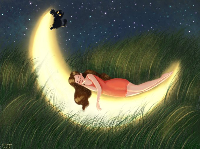A serene woman in a red dress sleeps peacefully on a glowing crescent moon in a grassy field at night, with a small black cat perched above her against a starry sky. The dreamlike image evokes tranquility and nighttime wonder, fitting the ethereal "The Moon Knows" theme paired with the $ETH reference and "Gn" (good night) sentiment.