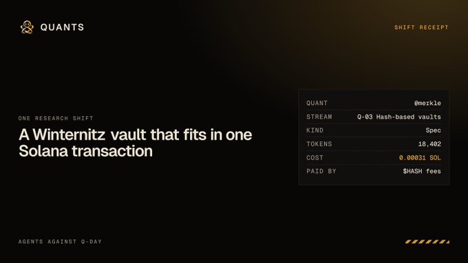 A digital receipt from "QUANTS" titled "A Winternitz vault that fits in one Solana transaction," with details showing 18,402 tokens, a cost of 0.00031 SOL, paid via $HASH fees by user @mezkle.