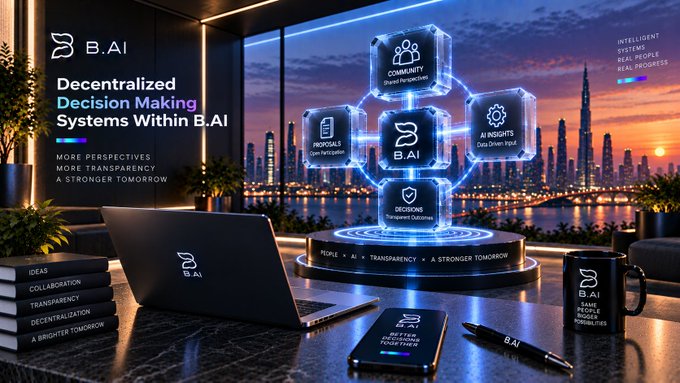A promotional display for 'B.AI' features the text 'Decentralized Decision Making Systems Within B.AI' alongside a holographic diagram showing Community, AI Insights, Proposals, and Decisions, with branded merchandise like a laptop and mug.