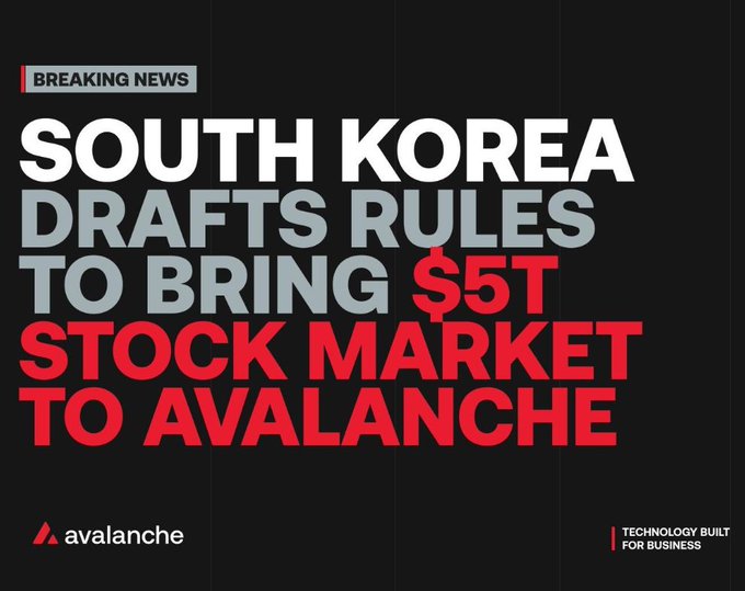 A 'BREAKING NEWS' graphic stating 'SOUTH KOREA DRAFTS RULES TO BRING $5T STOCK MARKET TO AVALANCHE,' branded with the Avalanche logo and tagline 'TECHNOLOGY BUILT FOR BUSINESS.'