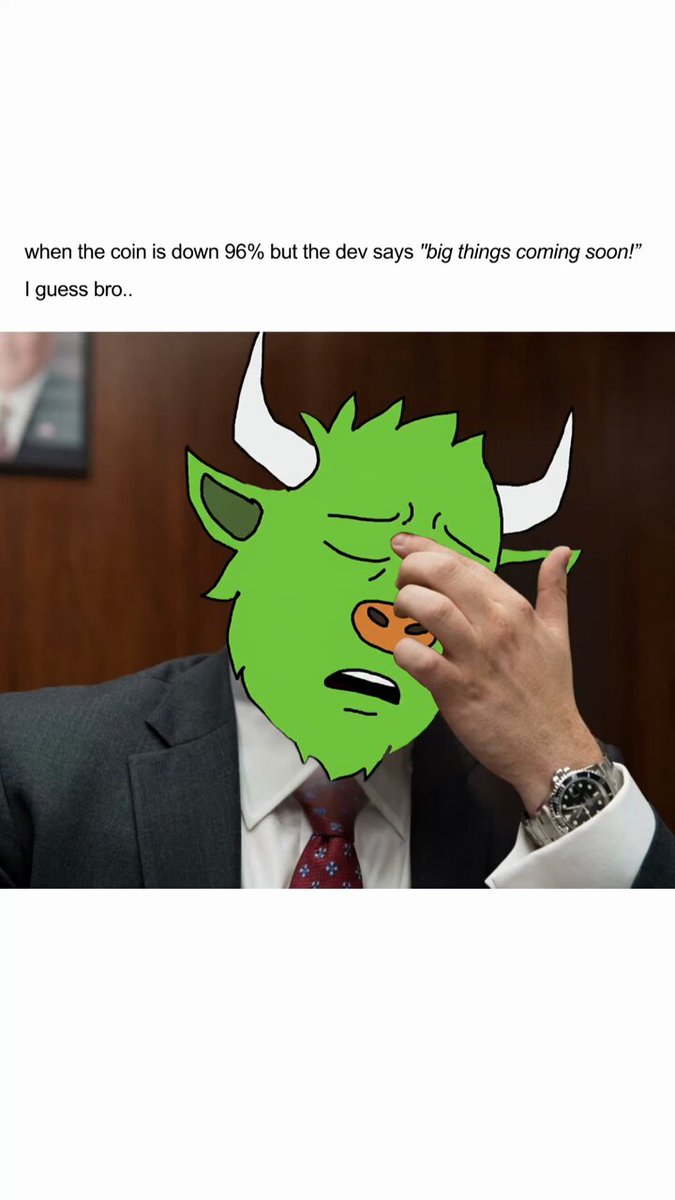 The image features a cartoon depiction of a green bull with horns, wearing a suit and tie. The bull appears to be in distress or confusion, as if it has been hit by a car. The caption below the image reads "When the coin is down but the dev says ZKGoods coming soon!", which seems to be a reference to the cryptocurrency project ZKGoods.
