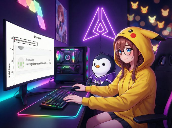 The image features a girl sitting at a desk with a computer monitor, keyboard, and mouse. She is wearing a yellow hoodie and glasses while playing an anime game. The scene also includes a penguin figurine placed near her on the desk. The background of the image has neon lights that create a vibrant atmosphere for the gaming session.