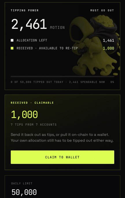 A user interface displaying 'Tipping Power' of 2,461 MOTION with 1,461 allocation left, showing a 'Claim to Wallet' button for 1,000 receiveable tokens.
