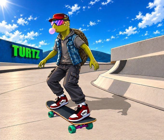 A 3D-rendered turtle character wearing a red cap, purple sunglasses, and a denim vest skateboarding at a skatepark with a 'TURTZ' sign in the background.