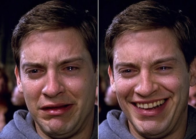 A side-by-side image showing Tobey Maguire's character Peter Parker from Spider-Man 3 (2007) in two emotional states—crying on the left and grinning with tears on the right—following his encounter with the symbiote.