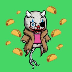 A cartoon skeleton wearing a fur vest floats among tacos on a green background, paired with a "Happy Taco Tuesday" greeting promoting a "Re-Animated Dead" NFT collection available on OpenSea.