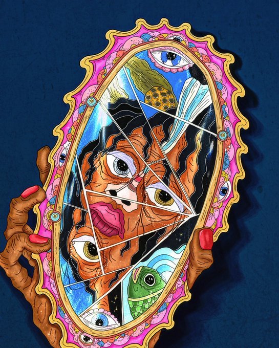 A vibrant illustration of a hand with red nails holding a shattered ornate mirror, within which multiple distorted faces and eyes are reflected.