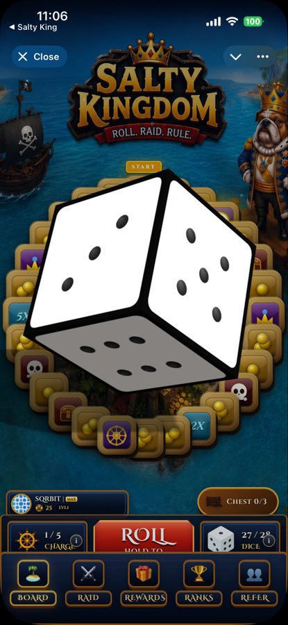 A screenshot of the mobile game "Salty Kingdom" featuring the tagline "Roll. Raid. Rule." with a large 3D dice, pirate ships, a crowned walrus king, and a game board visible.