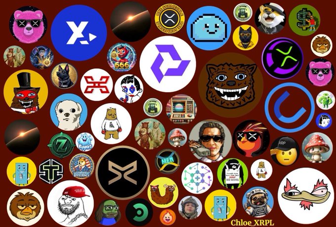 A collage of various circular icons, logos, and meme characters including XRP symbols, cats, dogs, astronauts, and cartoon figures is displayed against a dark red background, with "Chloe_XRPL" written in the bottom right corner. The image visually represents the diverse XRP community, fitting the post's call for users to share their favorite XRP-related tickers.