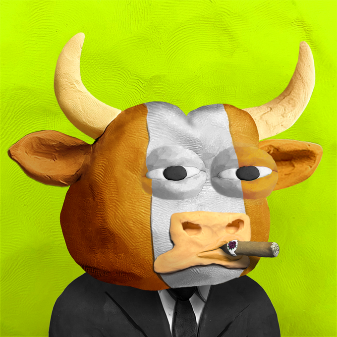 A digital illustration features a stylized bull with an orange and white face, wearing a black suit and smoking a cigar against a bright green textured background, evoking the Wall Street Bull meme.