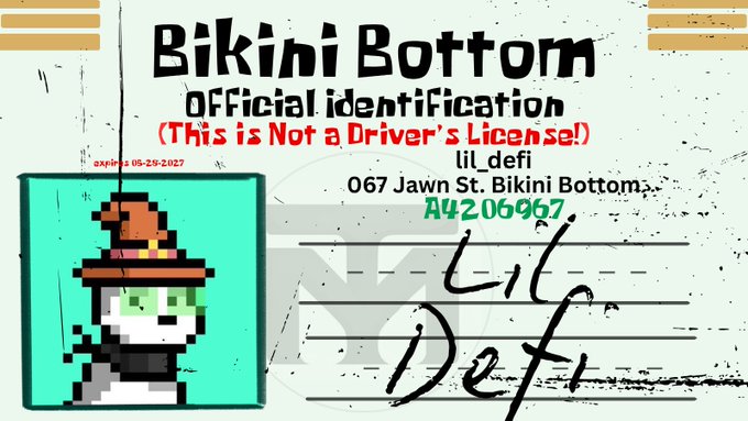 A pixelated ID card labeled 'Bikini Bottom Official Identification' for 'lil_defi' with a green-hooded character avatar and an expiration date of 08-28-2027.
