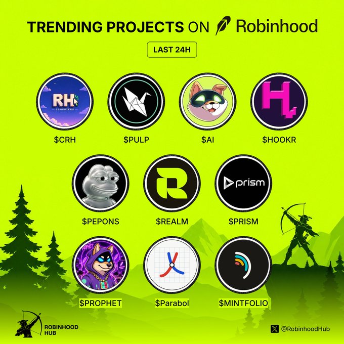 A graphic titled 'TRENDING PROJECTS ON Robinhood' from 'RobinhoodHub' displaying ten cryptocurrency icons including $CRH, $PULP, $AI, $HOOKR, $PEPONS, $REALM, $PRISM, $PROPHET, $Parabol, and $MINTFOLIO.