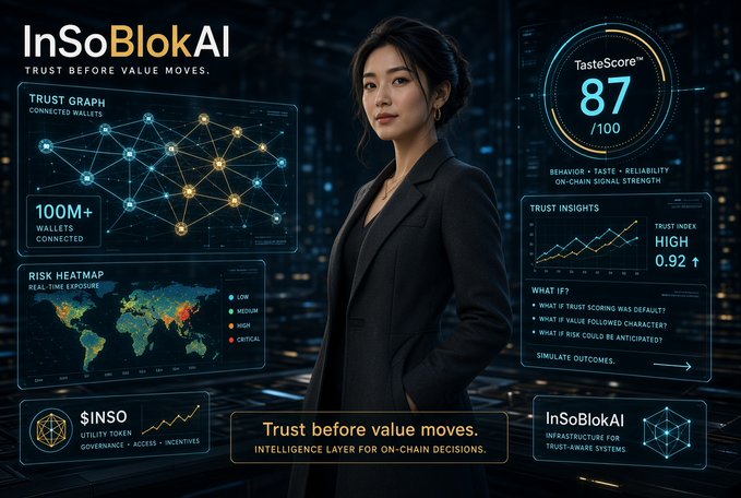 The image is a promotional graphic for **InSoBlokAI**, featuring a professional woman standing amid futuristic holographic dashboards displaying a "Trust Graph," a "TasteScore™ 87/100," a "Risk Heatmap," and "$INSO" token metrics, with the tagline **"Trust before value moves"** and **"Intelligence layer for on-chain decisions."**

The visualization reinforces the post's message by showcasing InSoBlokAI's trust-scoring infrastructure and on-chain analytics—positioning it as the preemptive intelligence layer that addresses flawed data inputs before smart contracts execute, rather than reactive post-breach dashboards.