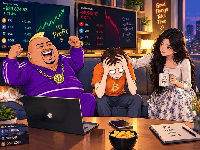 An illustration of three people on a couch reacting to crypto prices: a man in purple cheering with a portfolio up to +$23,674.52 (BTC +12.8%, ETH +9.4%, SOL +7.6%, DOGE +5.2%), a man in orange looking distressed with a portfolio down to -$8,942.17 (BTC -18.9%, ETH -21.4%, SOL -28.7%, DOGE -33.2%), and a woman with a 'Good Things Take Time' neon sign and a mug reading 'It's just a phase'.