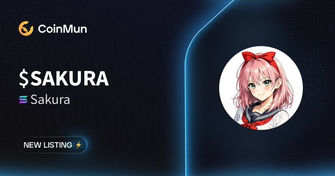 The image features a graphic that displays a girl with pink hair wearing a red headband, sitting against a blue background. A red bow can be seen tied in her hair. The girl appears to be dressed for a party. In front of her on the screen is an image of a woman's face with the text "sakura" written above it and below the woman. In the bottom right corner of the post, there is a URL that reads "coinmun.com/coins/sakura #NewListing #Crypto". The main focus of this graphic is to draw attention to the girl in the image by emphasizing her as the main subject while also incorporating information about the coin she's associated with.