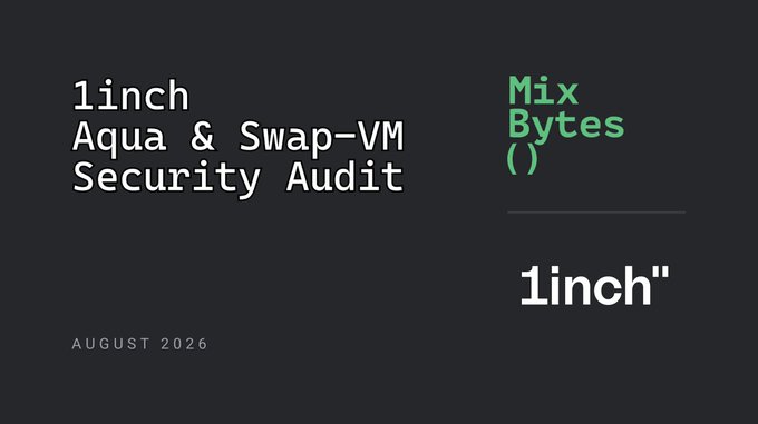 The image is a title slide with a dark gray background, featuring the text "1inch Aqua & Swap-VM Security Audit" in white on the left and "MixBytes()" in green on the right, along with the "1inch" logo and the date "AUGUST 2026." It serves as the cover slide for MixBytes' security audit report of 1inch's Aqua and Swap-VM protocols, matching the accompanying post announcing the completed audit.