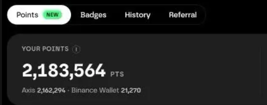 A screenshot of a points dashboard with tabs for Points, Badges, History, and Referral, showing 'YOUR POINTS 2,183,564 PTS' including 'Axis 2,162,294' and 'Binance Wallet 21,270'.