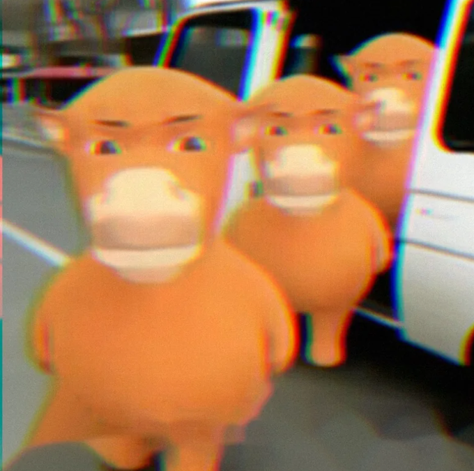 Three orange monkey-like figurines standing in a row next to a white vehicle, with a glitch effect applied to the image.