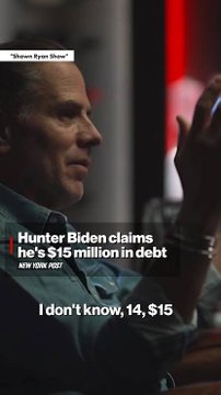 A New York Post video thumbnail showing Hunter Biden with text reading 'Hunter Biden claims he's $15 million in debt' and his quote 'I don't know, 14, $15'.