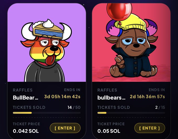 Two NFT raffle listings for 'BullBear' cartoon bulls, showing ticket prices of 0.042 SOL (14/50 sold, 3d 05h remaining) and 0.05 SOL (2/15 sold, 2d 16h remaining).