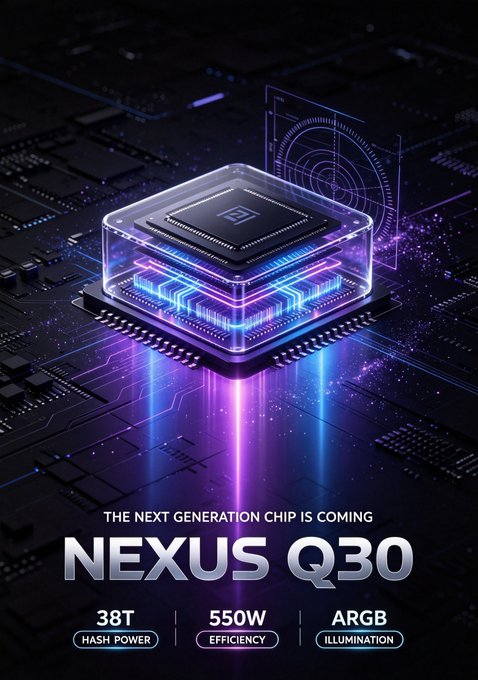 Futuristic advertisement for 'NEXUS Q30' chip with specifications: 38T Hash Power, 550W Efficiency, and ARGB Illumination.