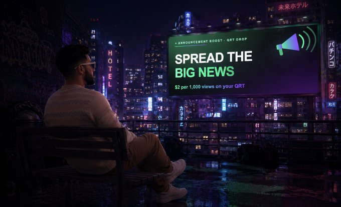 The image shows a man sitting on a bench with his back to a billboard advertising a product or service. The billboard has a large green "spread the big news" message, which suggests that there might be an event or announcement related to the product or service being advertised. The man is wearing glasses and appears to be focused on something outside of the frame.