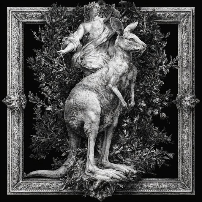 A detailed black-and-white pencil-style illustration of a kangaroo with a classical female figure partially visible behind it, all framed within an ornate border with decorative gargoyle faces.