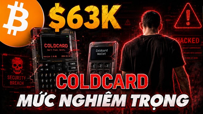 A YouTube thumbnail advertises a video about a '$63K COLDCARD' Bitcoin hardware wallet with the Vietnamese text 'MỨC NGHIÊM TRỌNG' (severe level), featuring images of the device alongside security breach warnings.